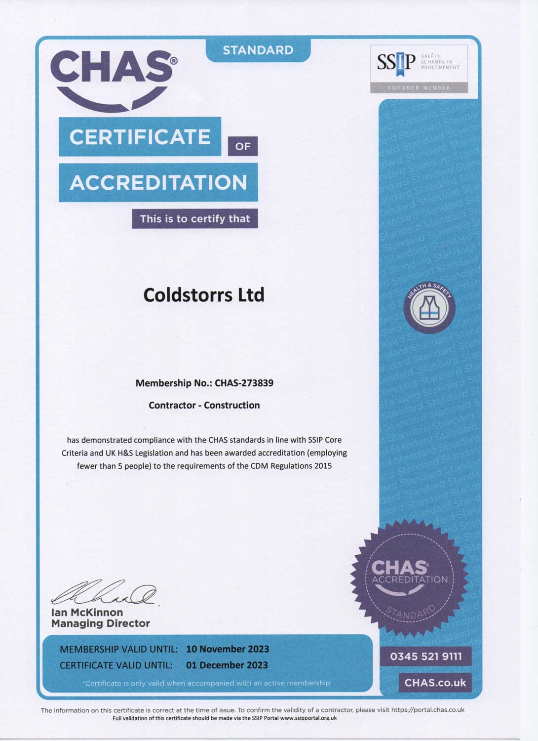 Coldstorrs Ltd. CHAS certificate